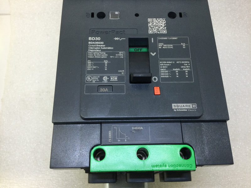 Square D BDA36030 30 Amp 3 Pole 600V 18KA PowerPact I Line Circuit Breaker