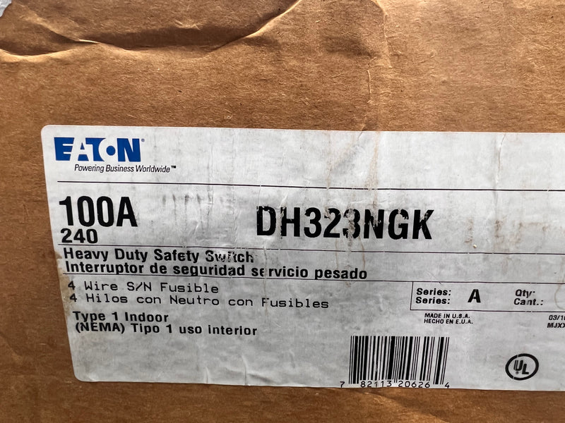 Eaton DH323NGK 100 Amp 240V 4 Wire Nema 1 3 Pole Fusible Safety Disconnect Switch