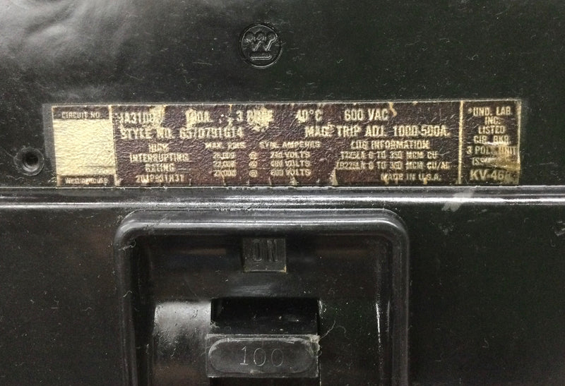 Westinghouse JA3100W 100 Amp 3 Pole 600V Circuit Breaker