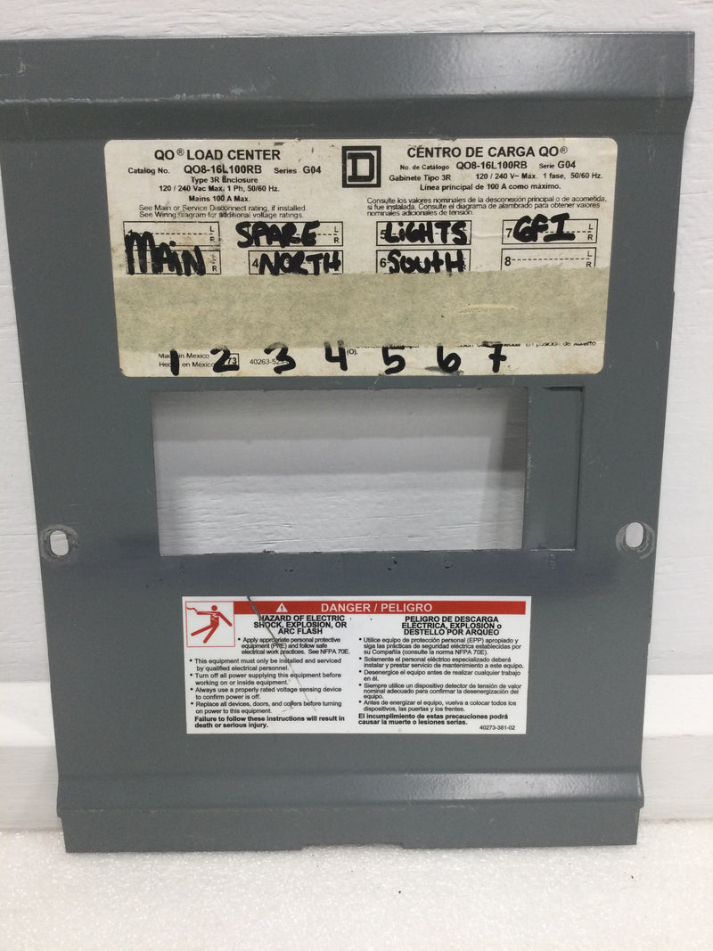 Square D QO8-16L100RB 100 Amp 8 Space 120/240V Dead Front Only 11 1/4" x 8 5/8"