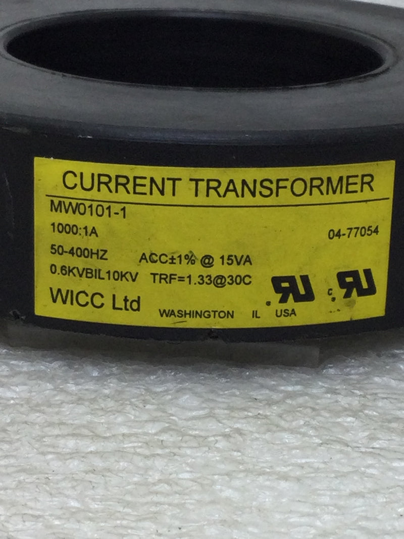 WICC Current Transformer MW0101-1 1000:1A, 50-400Hz, ACC +/-1%@15VA, 0.6KVBIL10KV, TFR=1.33 @30C