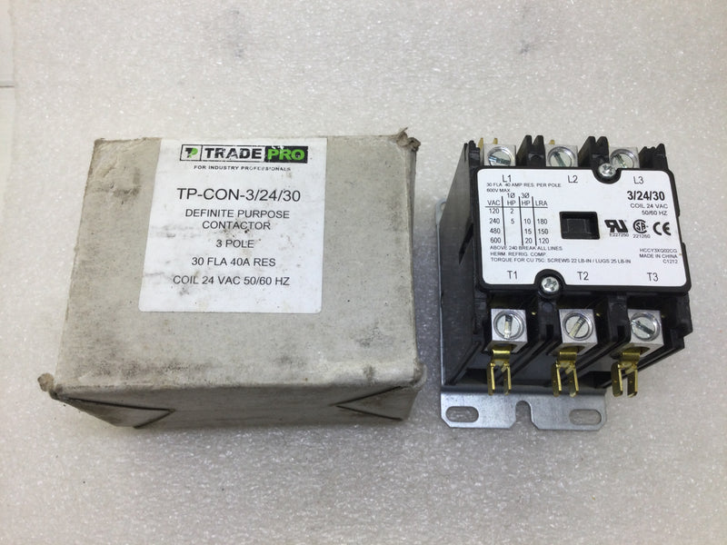 TradePro TP-CON-3/24/30 3 Pole 30 Amp Coil 24Vac Definite Purpose Contactor