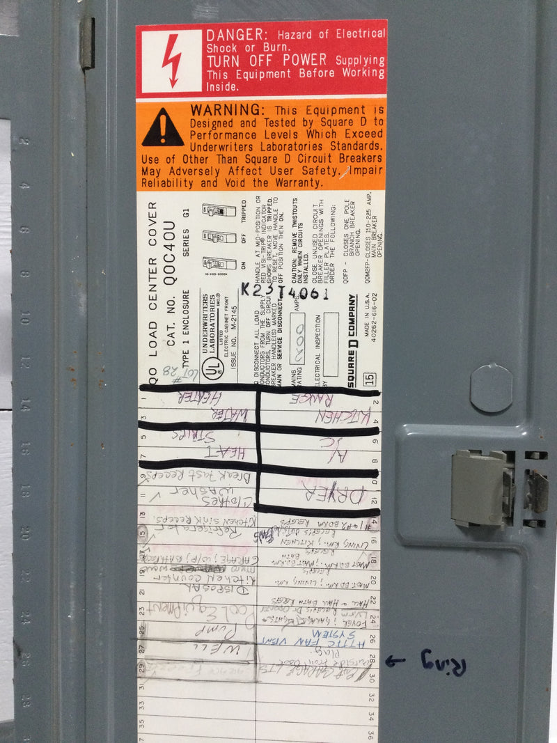 Square D QOC40U 200A 40 Space 120/240V Panel Door Only w/Main 33 7/8" x 14 1/4"