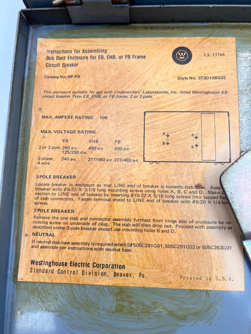Westinghouse 373D128G03 BP-FB 100 Amp 600V Busway Circuit Breaker Enclosure