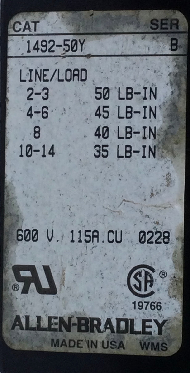 Allen-Bradley 1492-50Y 115 Amp 1 Pole 600V Line/Load Power Terminal Block