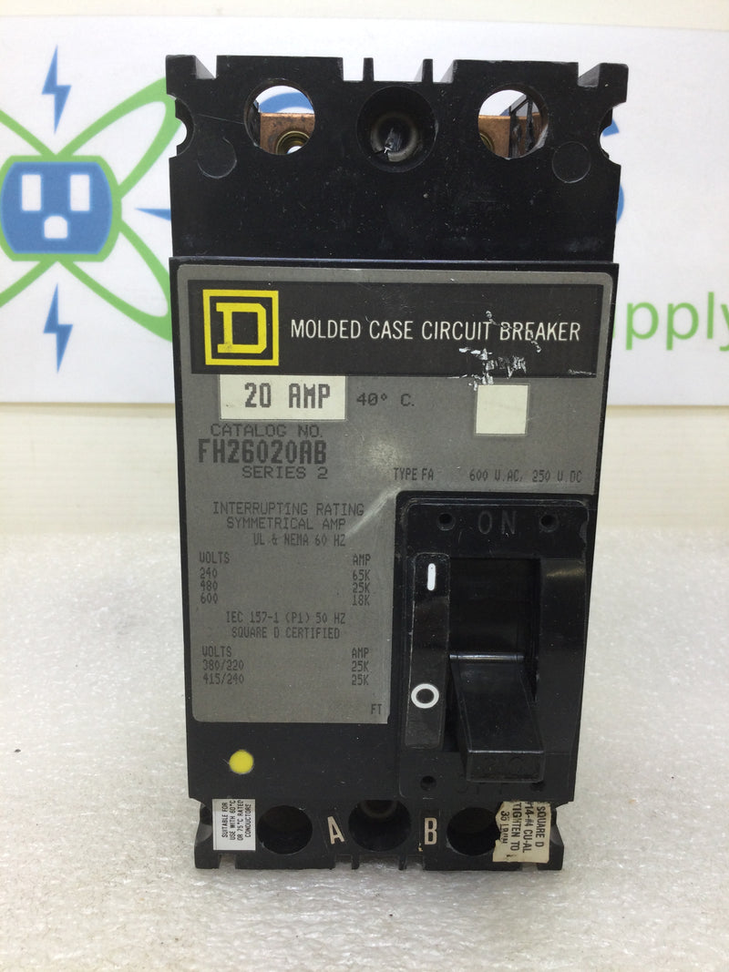 Square D FH26020AB 20 Amp 600Vac 2 Pole Type FA Circuit Breaker
