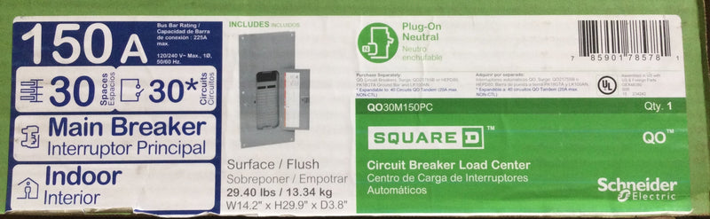 Square D QO30M150PC QO 150 Amp Main Breaker 30-Space 30-Circuit Convertible Indoor Plug-on Neutral Load Center