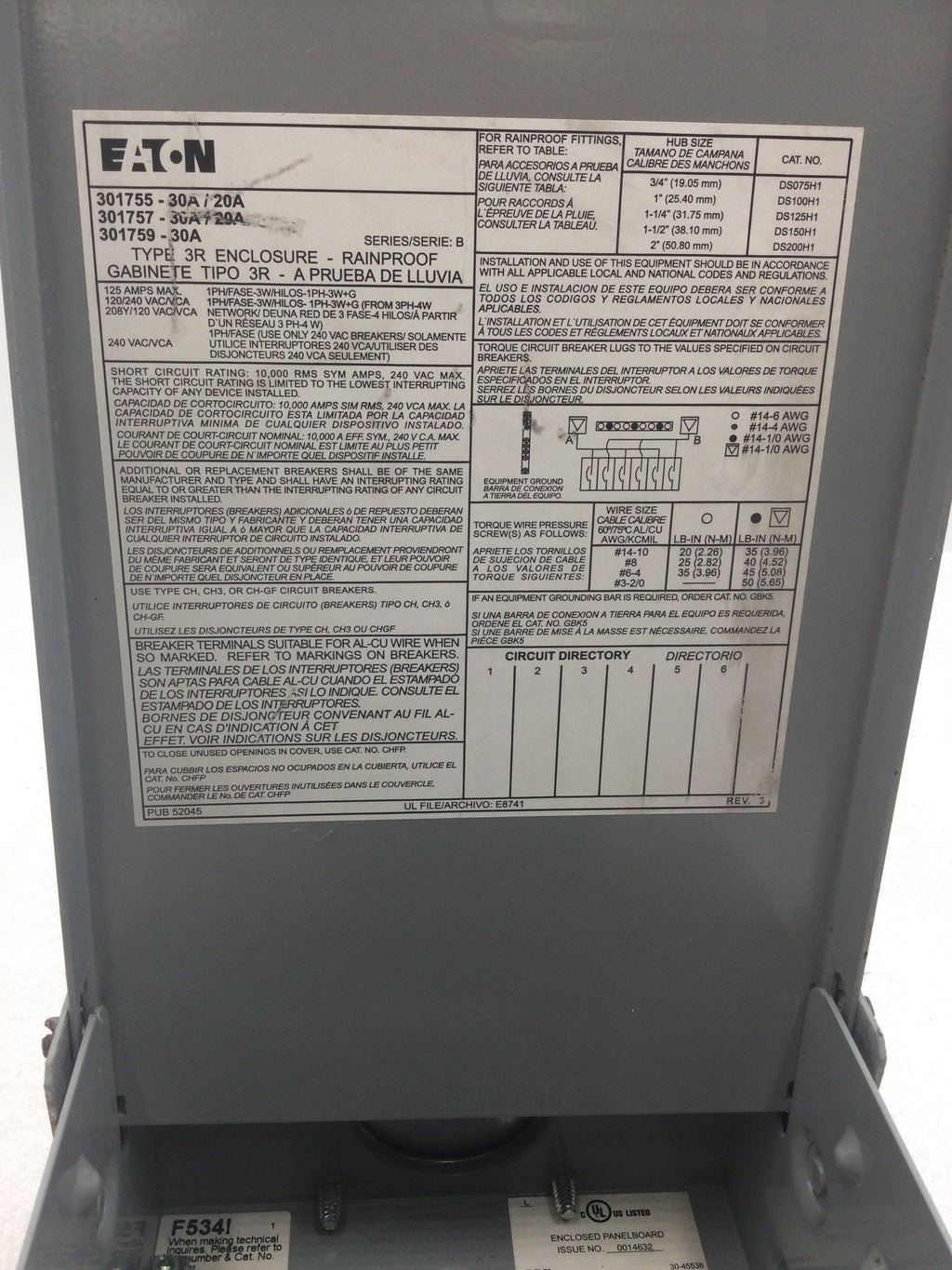 Spring Panel Electric Eaton/Hot Spring 301755 6 Space 50 Amp GFCI Sub Panel Enclosure and Pa