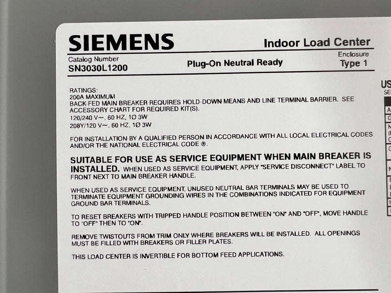 Siemens SN3030L1200 30 Space 120/240V 1 Phase Main Lug Load Center