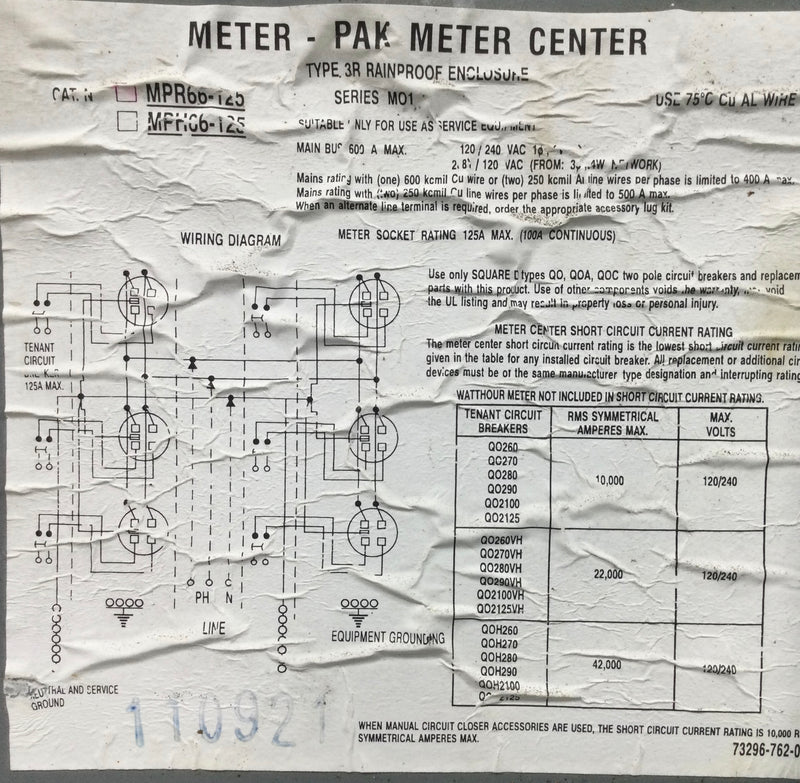 Square D MPR66-125 Meter-Pak Socket Panel Door/Cover Only 42"x 12"x 2"