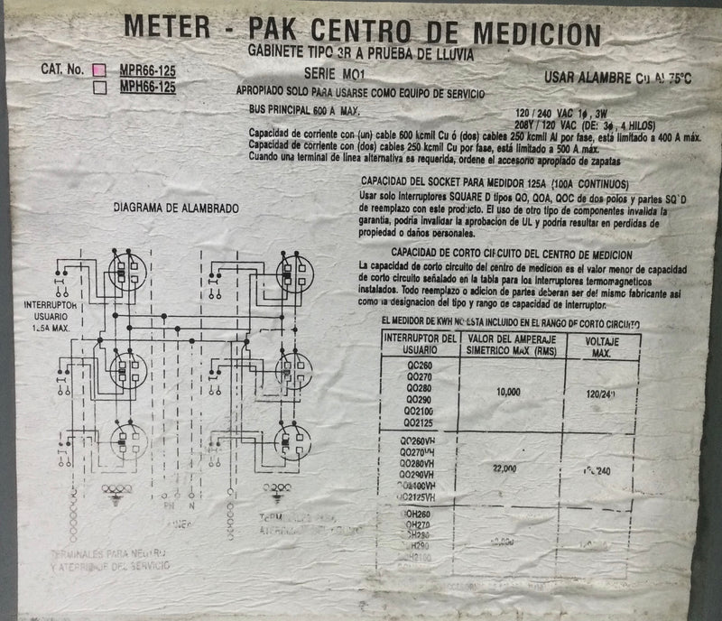 Square D MPR66-125 Meter-Pak Socket Panel Door/Cover Only 42"x 12"x 2"