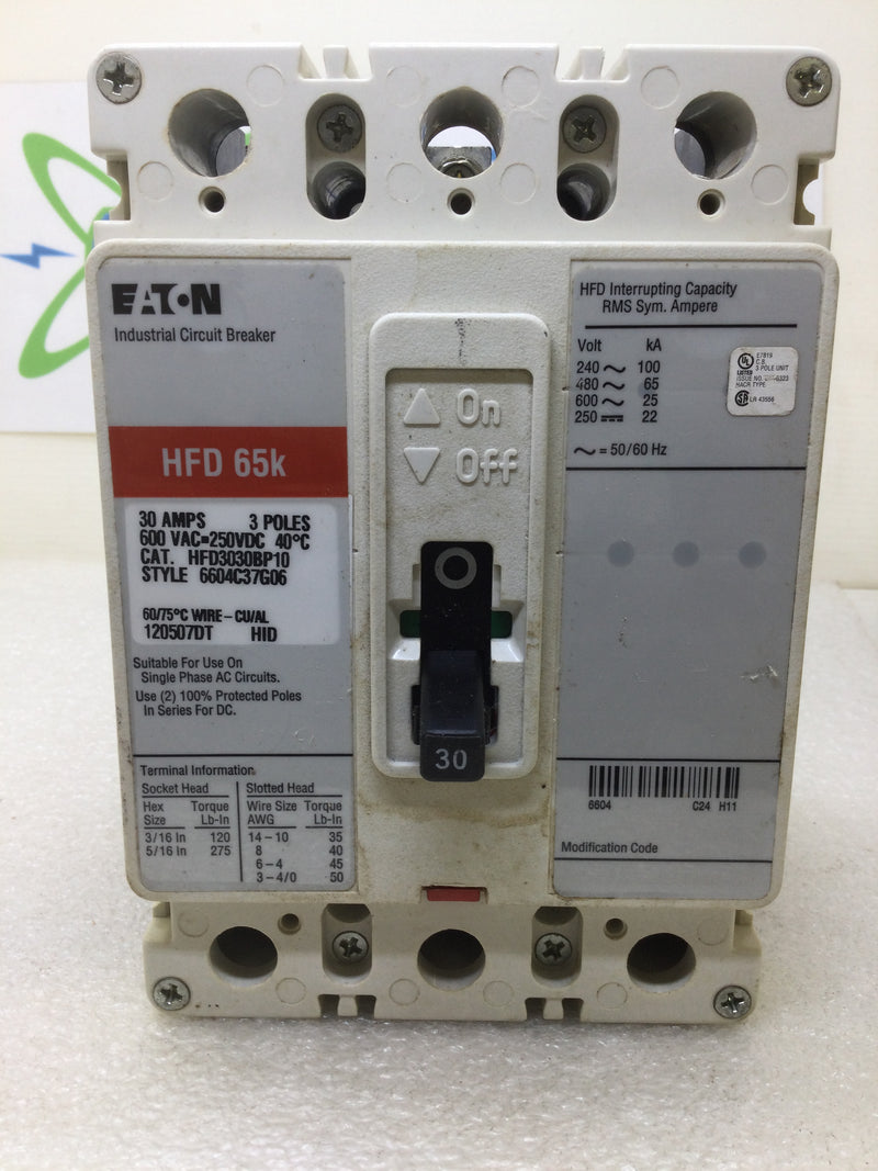 Eaton/Cutler-Hammer HFD3030BP10 3 Pole 30 Amp 600Vac Type HFD 65k Circuit Breaker