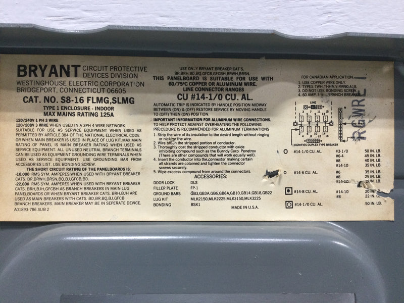 Bryant/Westinghouse S8-16 FLMG, SLMG Load Center Cover Only 16 Space 125 Amp Type 1 11 1/4" x 8 3/8"