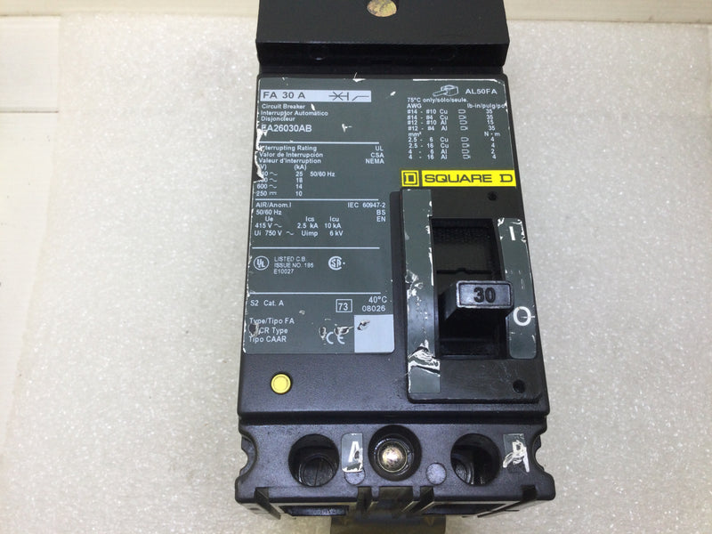 Square D FA26030AB 30 Amp 600 Vac 2 Pole Circuit Breaker