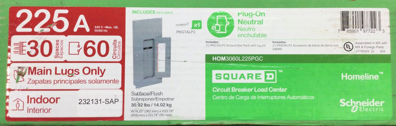 Square D HOM3060L225PGC 225 Amp 30-Space 60-Circuit Indoor Main Lug Plug-On Neutral Load Center w/ Cover, Ground Bar