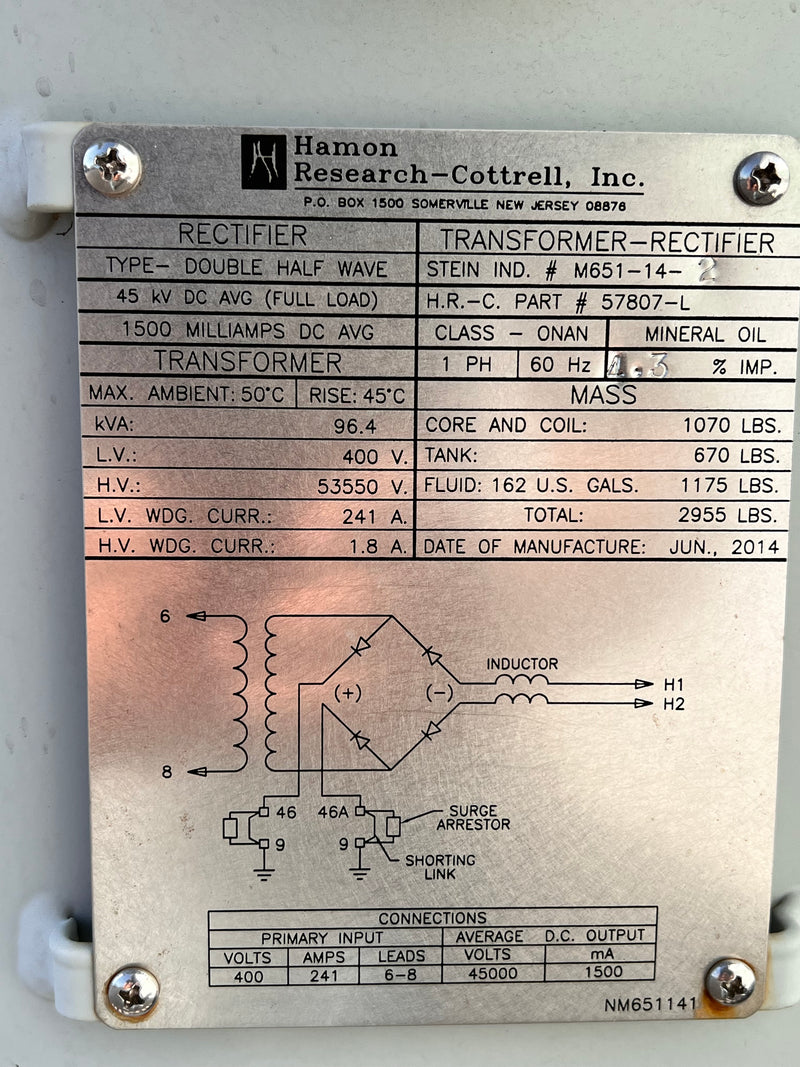 Hamon Research-Cottrell Transformer Rectifier 96.4 KVA STEIN IND # M651-14-2 H.R.-C. Part # 57807-L