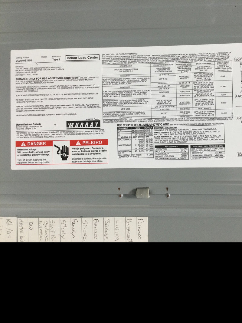Murray LC2040B1150 Load Center Cover/Door Only with Main Type 1 20/40 Space 150 Amp 120/240V 31 1/4" x 15 1/2"