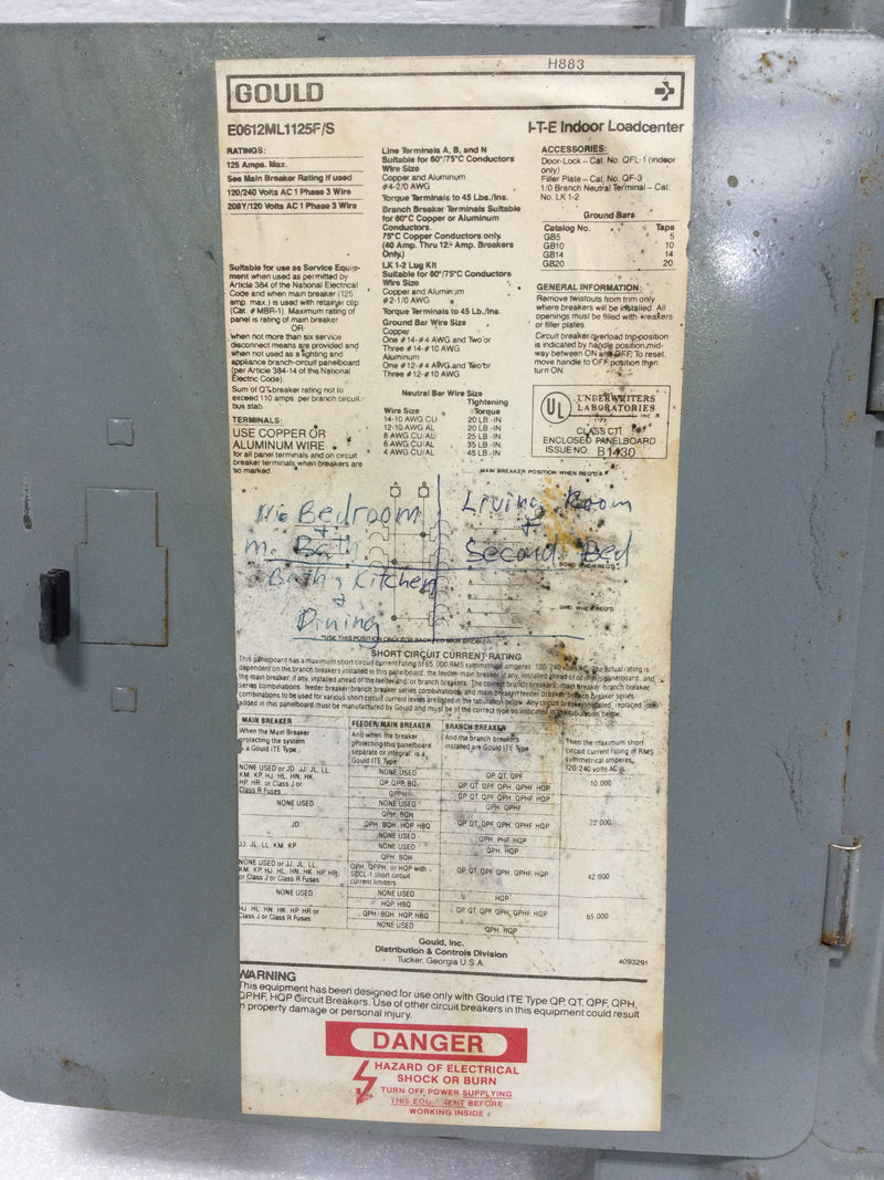 Gould E0612ML1125F/S 125 Amp 12 Space 120/240V Load Center Door 15" x 12 5/8"