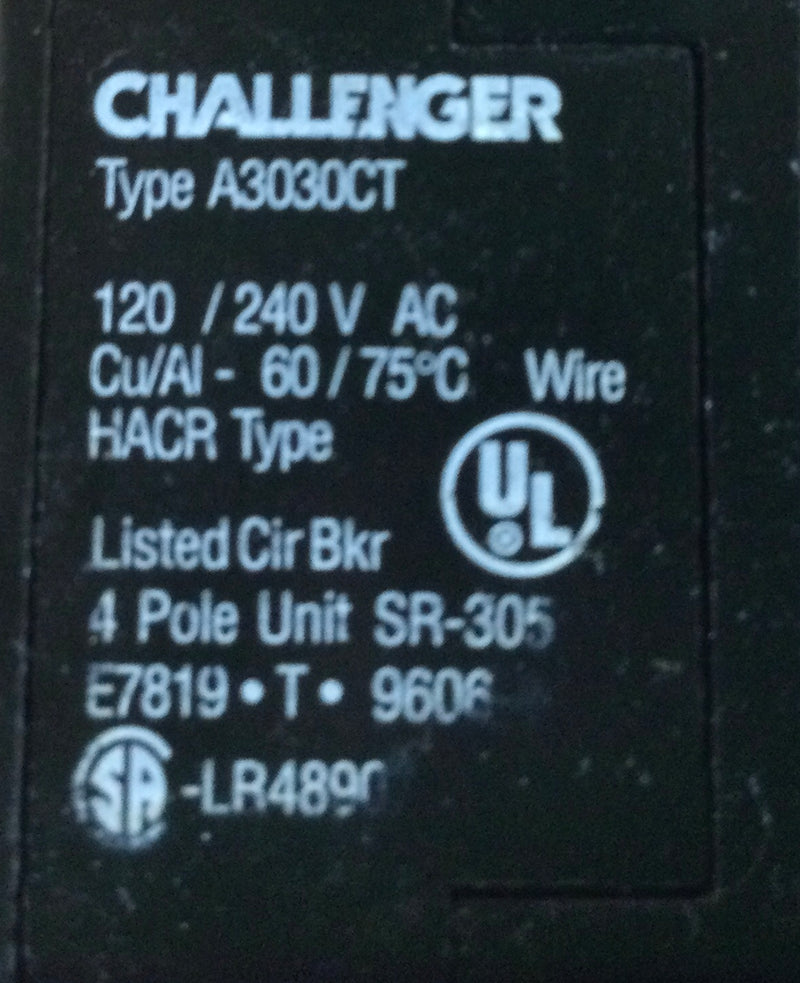 Challenger A3030CT 30/30 Amp 4 Pole 240V Circuit Breaker