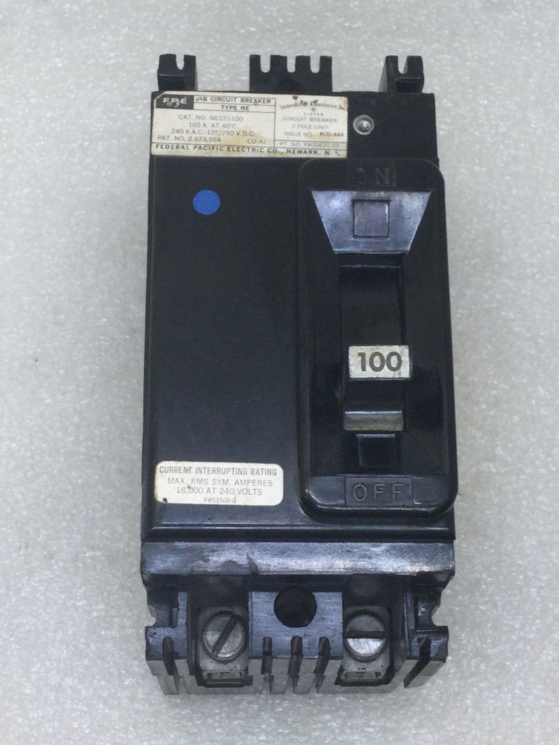 FPE Federal Pacific NE221100 2 Pole 100 Amp 240 VAC Circuit Breaker
