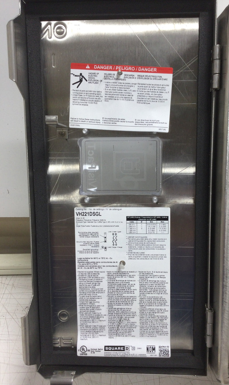 Square D VH221DSGL 30 AMP Heavy Duty Fusible Safety Switch 240 VAC in Nema 4X Enclosure