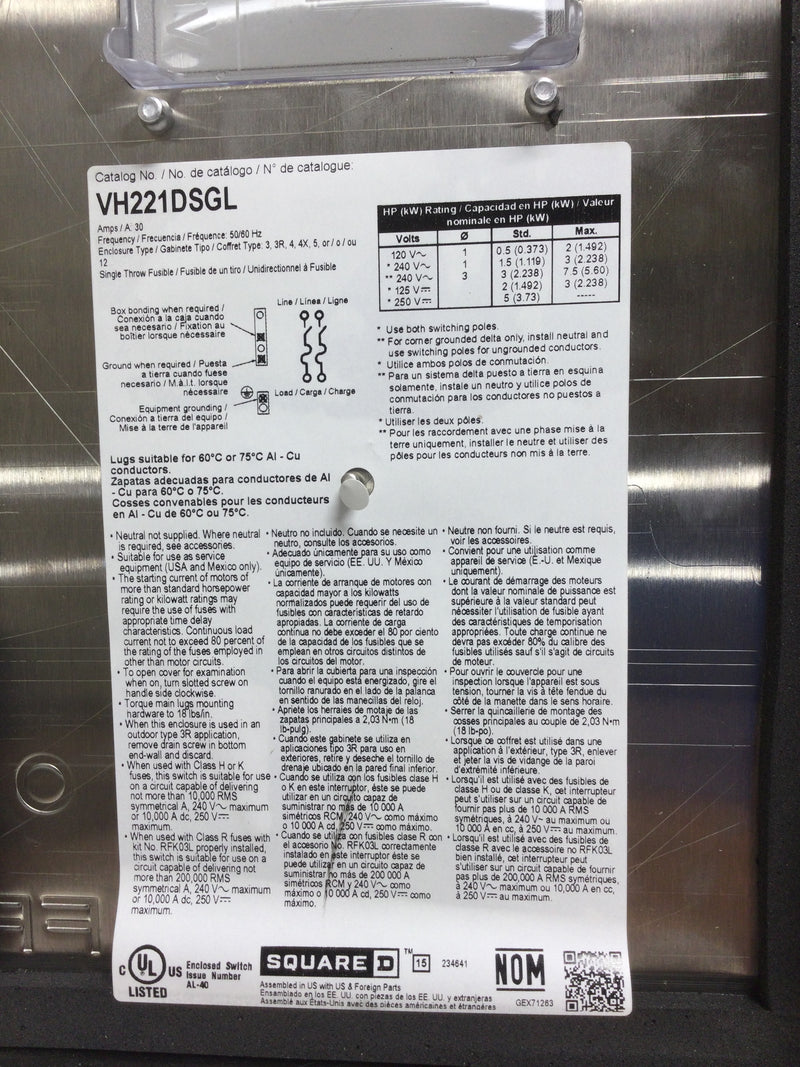 Square D VH221DSGL 30 AMP Heavy Duty Fusible Safety Switch 240 VAC in Nema 4X Enclosure