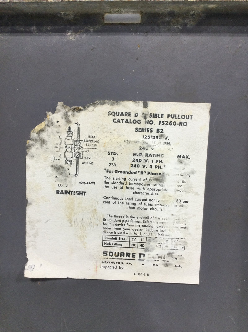 Square D FS260-RO Series B2 120/240V Disconnect Panel Cover Only 10" x 7 5/8"