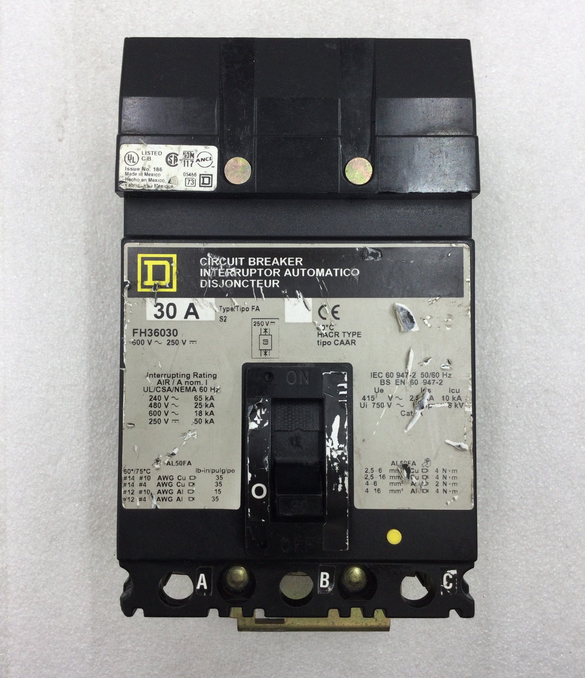 Square D FH36030 3 Pole 600v 30 Amp Circuit Breaker