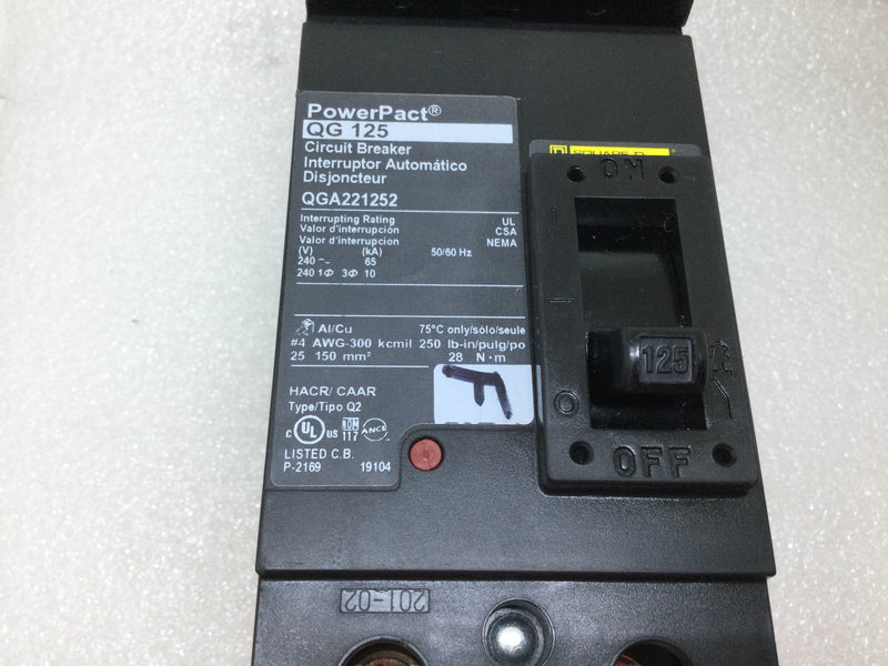 Square D QGA221252 125 Amp 2 Pole AC 240V PowerPact I Line QG125 Circuit Breaker
