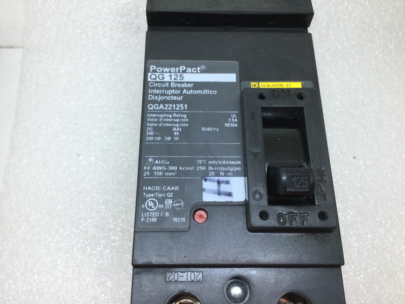 Square D QGA221251 125 Amp 2 Pole AB 240V PowerPact I Line QG125 Circuit Breaker