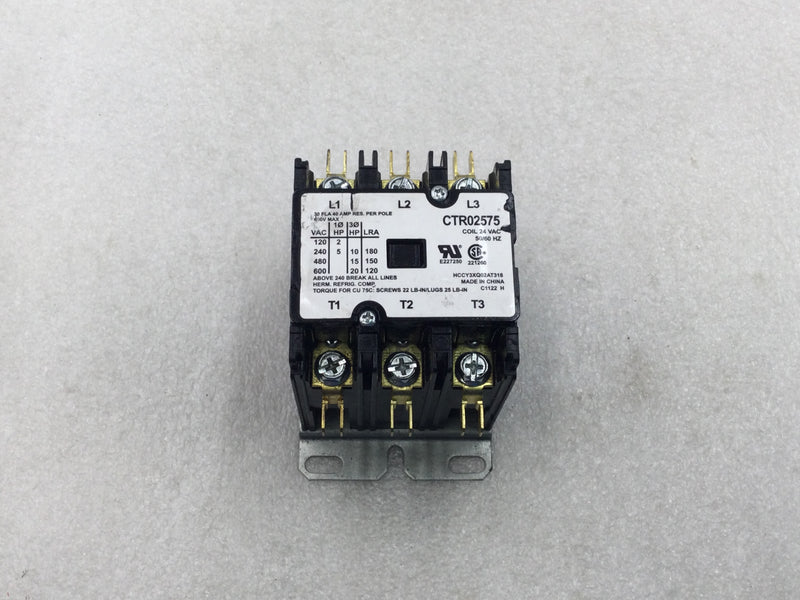 Herm Refrig. CTR02575 30 Amp 3 Pole 600V Contactor Coil w/24 VAC Coil