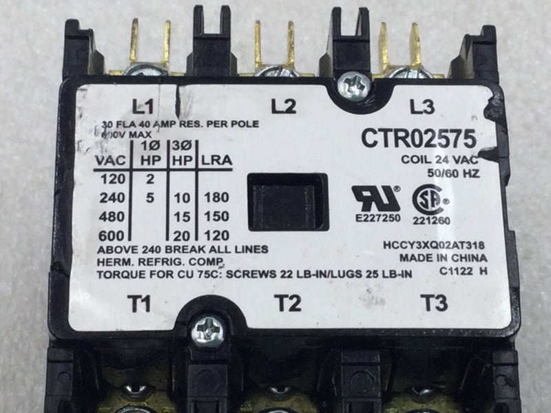 Herm Refrig. CTR02575 30 Amp 3 Pole 600V Contactor Coil w/24 VAC Coil