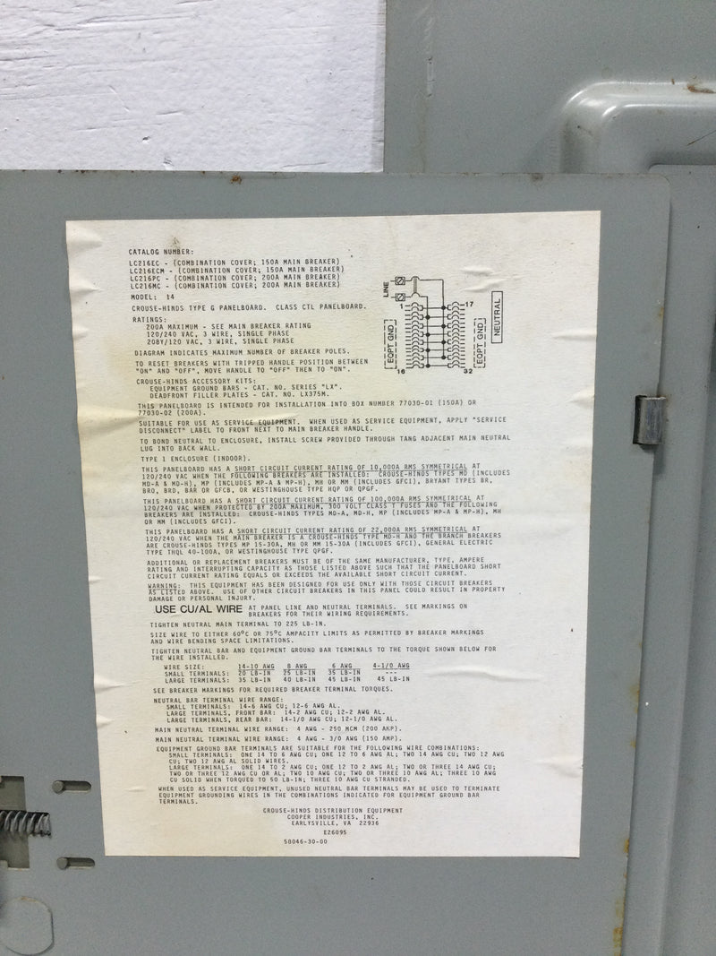 Cutler Hammer LC216EC 150 Amp 16/32 Space Panel Door w/ Main 22" x 15 1/2"