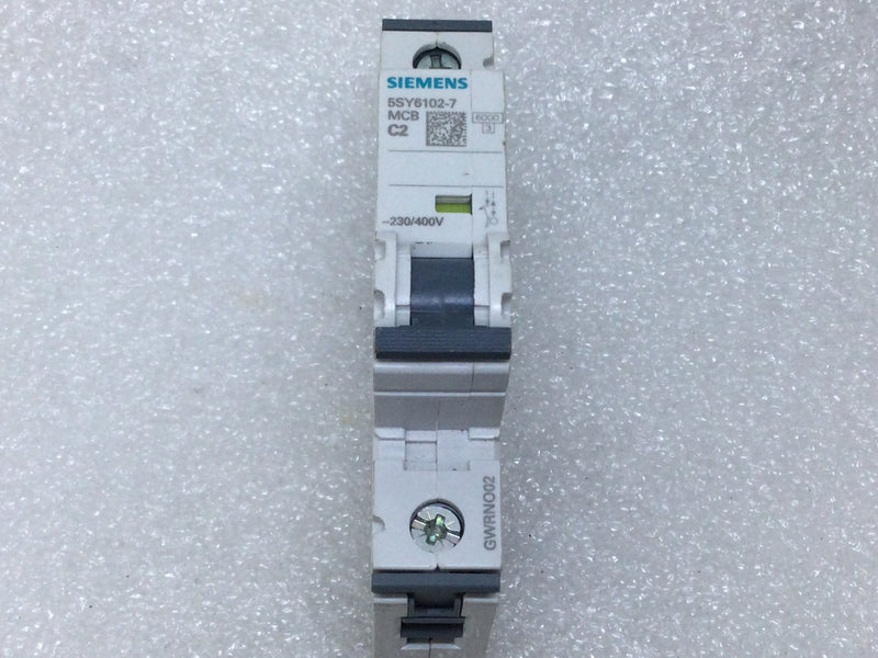 Siemens 5SY6102-7 Miniature Circuit Breaker, 1-Pole, 2A, Curve C, D=70mm
