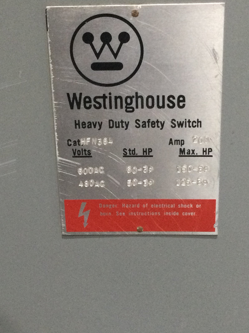 Westinghouse HFN364 200 Amp 600V 3 Phase Safety Switch