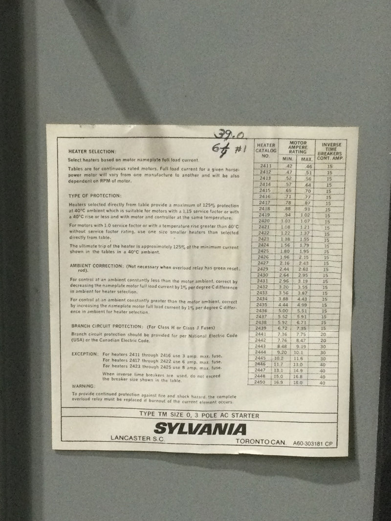 Sylvania Type TM Size 0 3-Pole AC Starter 40 amp 120/208v type 1