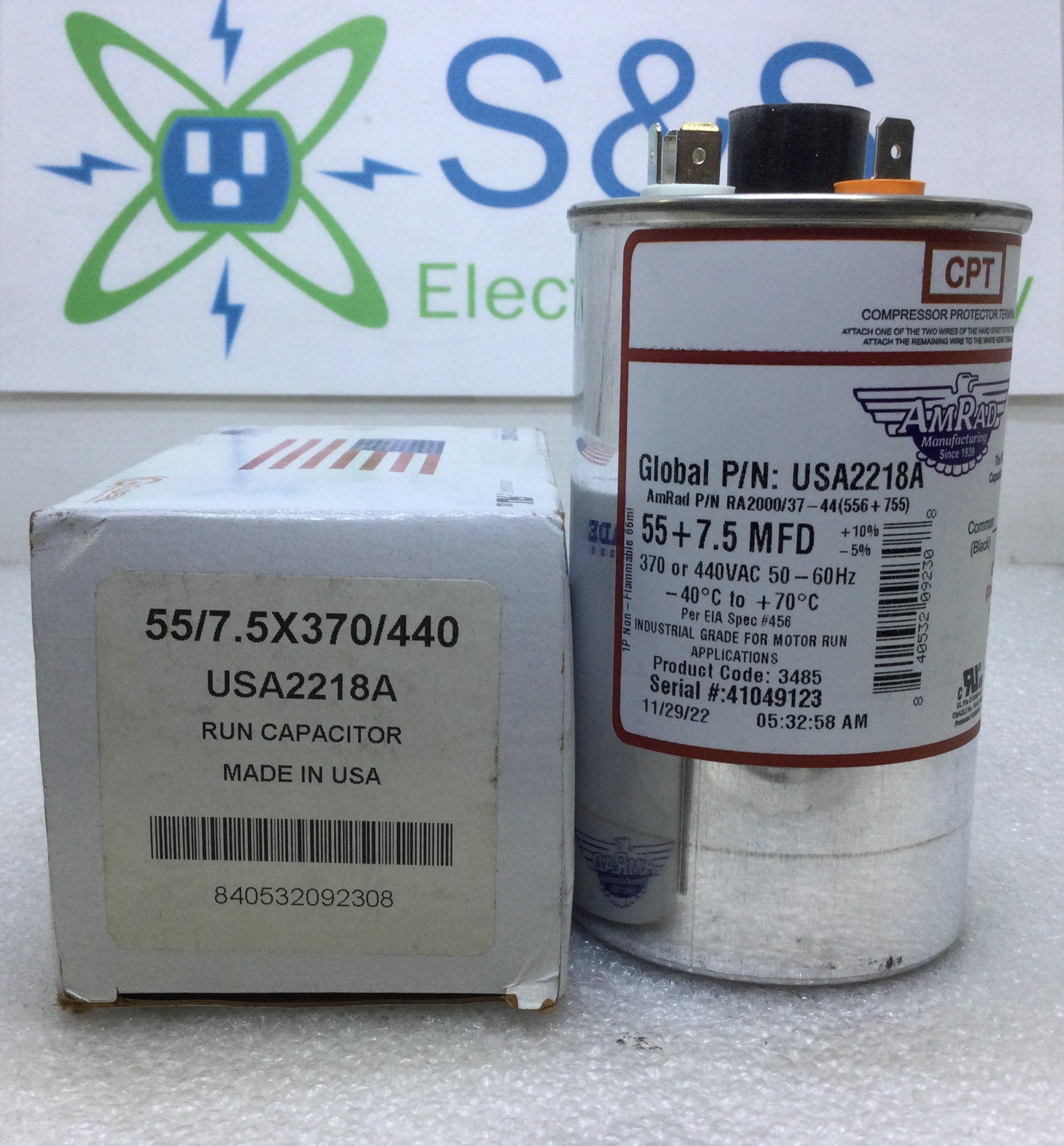 Amrad USA2218A 55+7.5MFD +10%/-5% 440V 50/60Hz 70c/-40c Capacitor w/CP