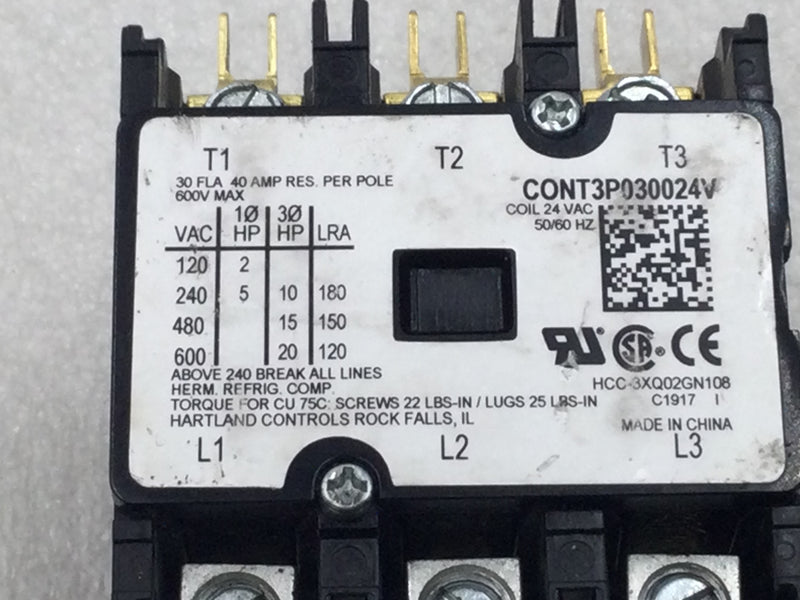 Hartland Controls CONT3P030024V 30 Amp 3 Pole 600V AC Contactor Coil