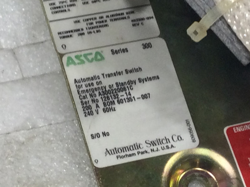 Asco A300220061C 200 Amp Single Phase 240V Automatic Transfer Switch