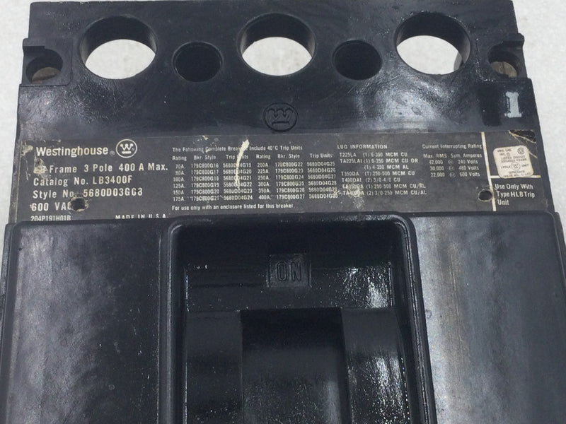 Westinghouse LB3400F 400 Amp 3 Pole 600V Circuit Breaker w/125 Amp Trip