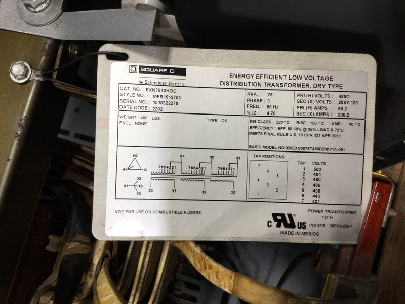 Square D EXN75T3H Transformer, dry type, DOE 2016, 75kVA, 3 phase, 480V delta primary, 208Y/120V secondary, 20M, 150C rise