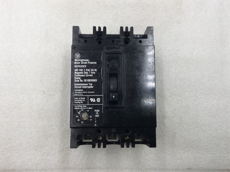 Westinghouse MCP0358CR 7 Amp 3 Pole 600V Circuit Breaker - Cosmetic Flaw