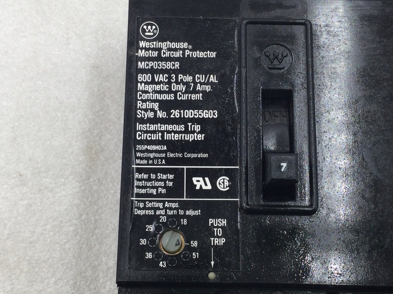 Westinghouse MCP0358CR 7 Amp 3 Pole 600V Circuit Breaker - Cosmetic Flaw