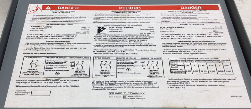 Square D KA225RB Nema 3R Enclosure 225 Amp 600 VAC Max Circuit Breaker Enclosure Type KA or FA