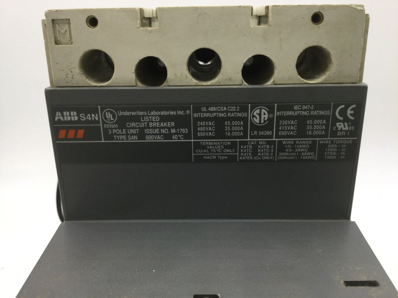 ABB S4N250BWAH 250 Amp 3 Pole 600V LI Trip Circuit Breaker
