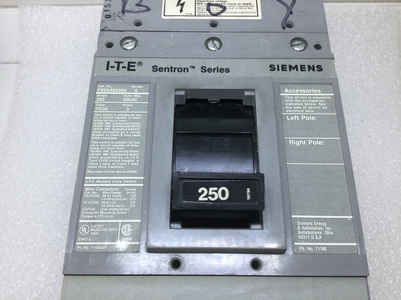 Siemens Sentron Series FXD63S250A 250 Amp 3 Pole ITE Molded Case Switch