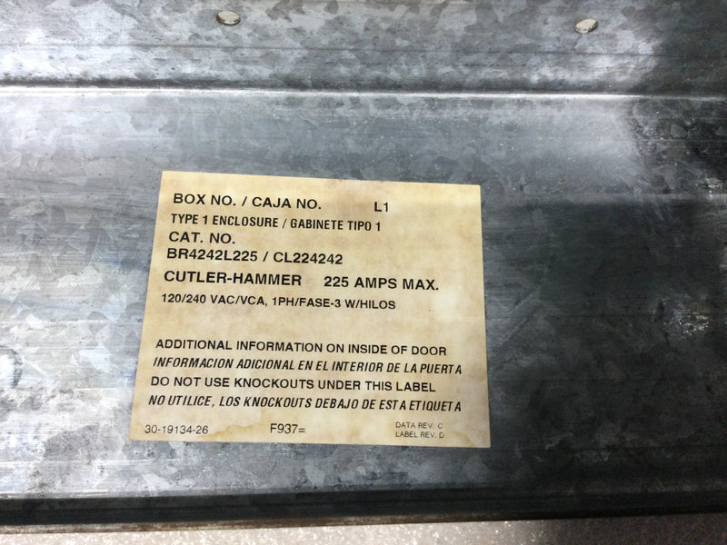 Eaton/Cutler-Hammer BR4242L225 42 Space/42 Circuit 225 Amp 120/240 VAC MLO Load Center