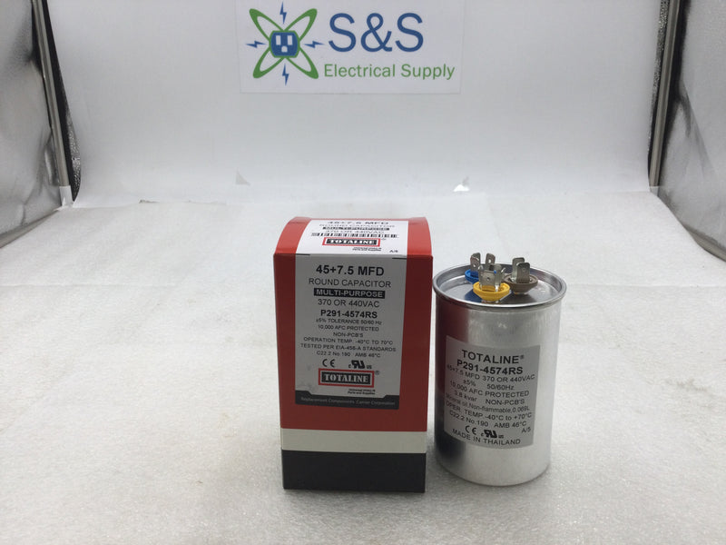 Totaline P291-4574RS 45+7.5 MFD +/- 5% 370/440V 50/60Hz Round Capacitor