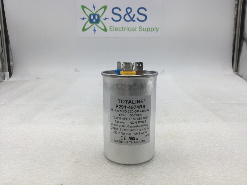 Totaline P291-4574RS 45+7.5 MFD +/- 5% 370/440V 50/60Hz Round Capacitor