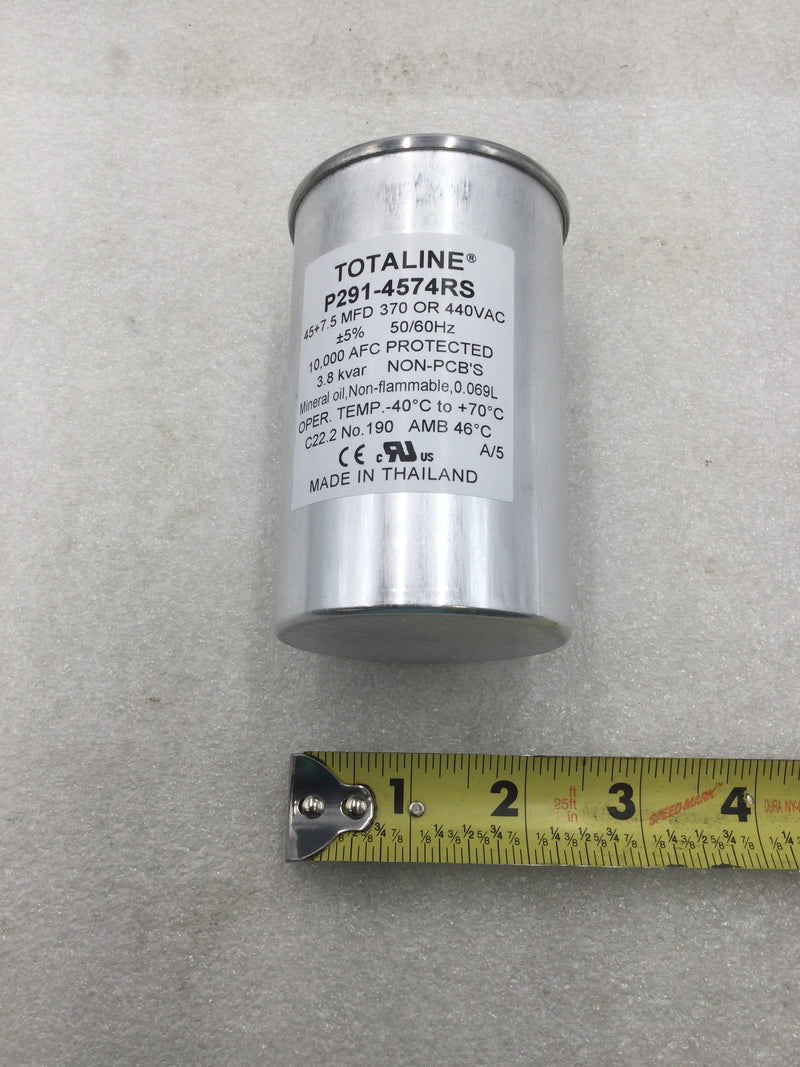 Totaline P291-4574RS 45+7.5 MFD +/- 5% 370/440V 50/60Hz Round Capacitor